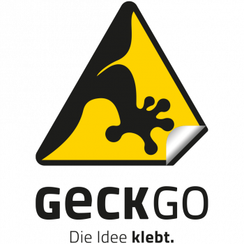 Gelbes Dreieck mit stilisierter Gecko-Kralle, der Wortmarke GECKGO sowie dem Claim: Die Idee klebt.